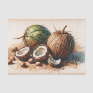 Vintage Coconuts Tropical Watercolor Decoupage Tissue Paper