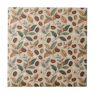 Vintage Coffee Bean Botanical Floral Cafe Pattern Tile