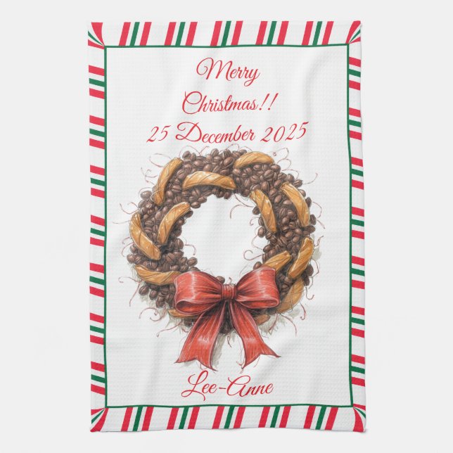 Vintage Coffee Beans & Biscuits wreath Tea Towel (Vertical)
