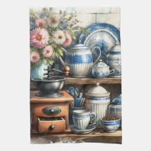 Vintage Coffee Cup Pot Plate Blue Tea Towel