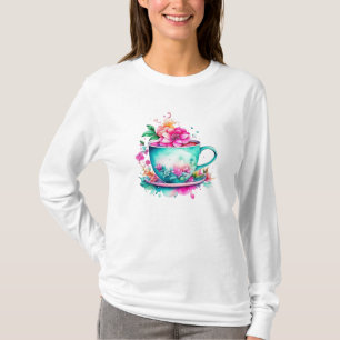 Vintage Coffee Cup with Pink and Orange Flowers T-Shirt