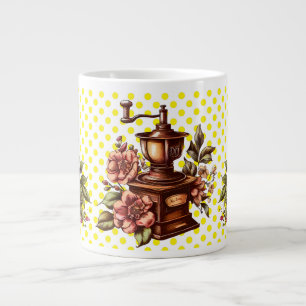 Vintage Coffee Grinders Yellow Polka Dots Large Coffee Mug