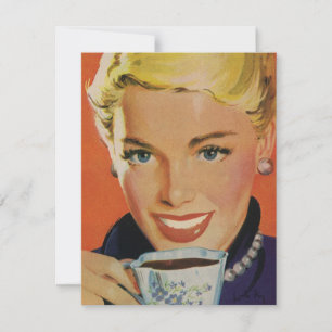 Vintage Coffee, Happy Woman with Retro Coffee Cup