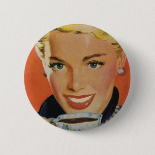 Vintage Coffee, Happy Woman with Retro Coffee Cup 6 Cm Round Badge