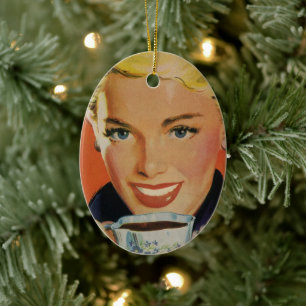 Vintage Coffee, Happy Woman with Retro Coffee Cup Ceramic Tree Decoration