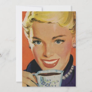 Vintage Coffee, Happy Woman with Retro Coffee Cup Invitation