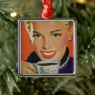 Vintage Coffee, Happy Woman with Retro Coffee Cup Metal Tree Decoration