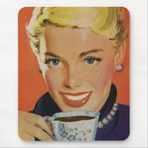 Vintage Coffee, Happy Woman with Retro Coffee Cup Mouse Mat