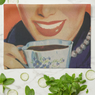Vintage Coffee, Happy Woman with Retro Coffee Cup Tea Towel