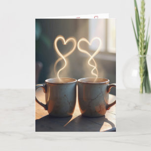 Vintage Coffee Mugs With Steamy Hearts Holiday Card