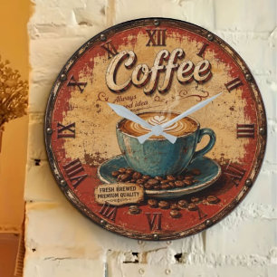 Vintage Coffee Rustic Latte Art Large Clock