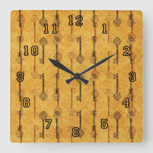 Vintage Collage Antique Keys Sepia Grungy Design Square Wall Clock