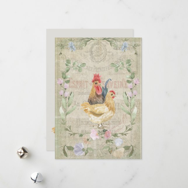Vintage collage – roosters and flowers  holiday card (Front/Back In Situ)