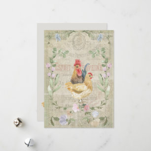 Vintage collage – roosters and flowers holiday card