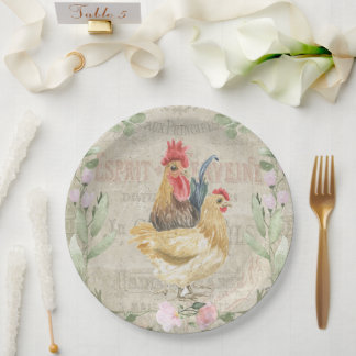 Vintage collage – roosters and flowers paper plate