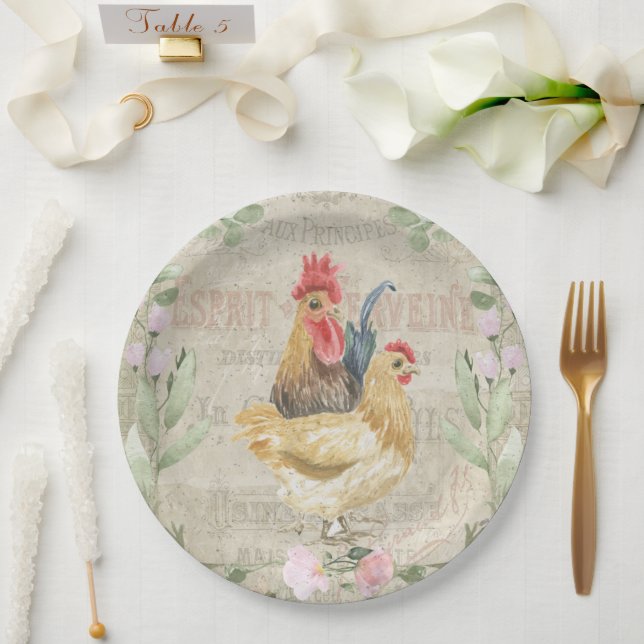 Vintage collage – roosters and flowers  paper plate (Wedding)