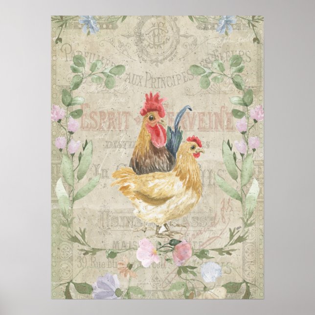 Vintage collage – roosters and flowers  poster (Front)