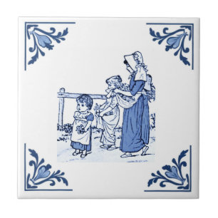 Vintage Collecting Flowers Delft Blue & White Tile