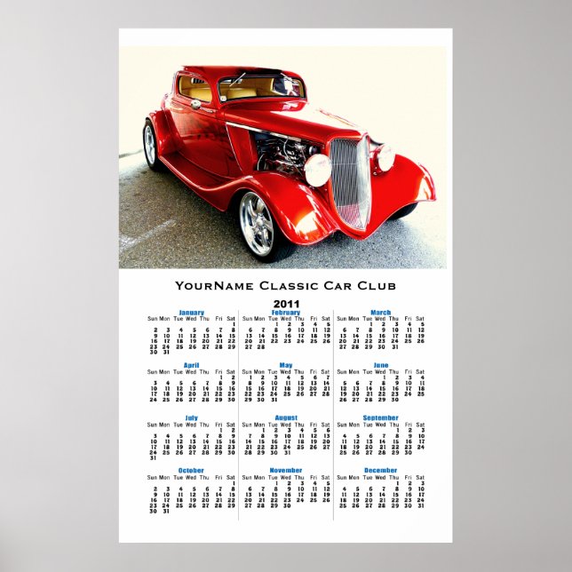 Vintage Collector Car Club Wall Calendar Poster (Front)