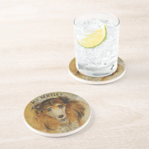 Vintage Collie Dog - Enter Your Dog's Name Coaster