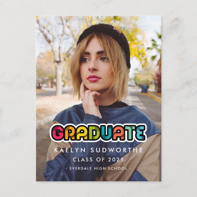 Vintage colorful 80s graduation photo announcement postcard (Front)