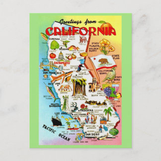 Vintage Colorful California Map  Postcard