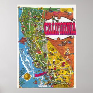 Vintage Colorful California Map Poster 1976