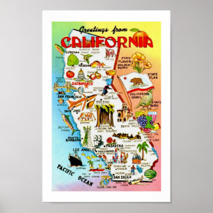 Vintage Colorful California Map Print