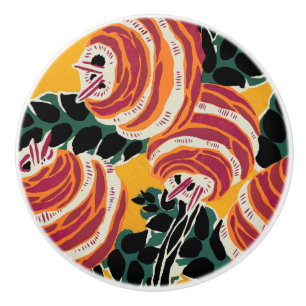 Vintage Colorful Flowers and Leaves Art Nouveau Ceramic Knob