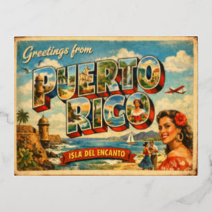Vintage Colorful Retro Puerto Rico Isla Del Foil Holiday Postcard