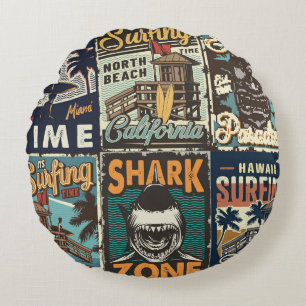 Vintage colorful surfing posters set with surf bus round cushion