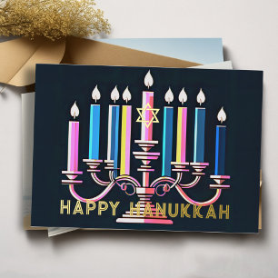 Vintage Colour Pink and Blue Menorah Foil Holiday Card