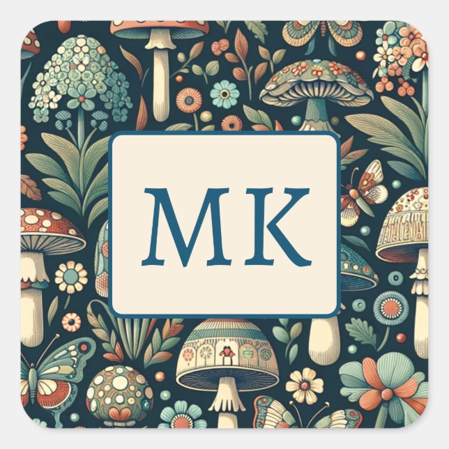 Vintage Coloured Butterflies, Mushrooms and Foliag Square Sticker (Front)