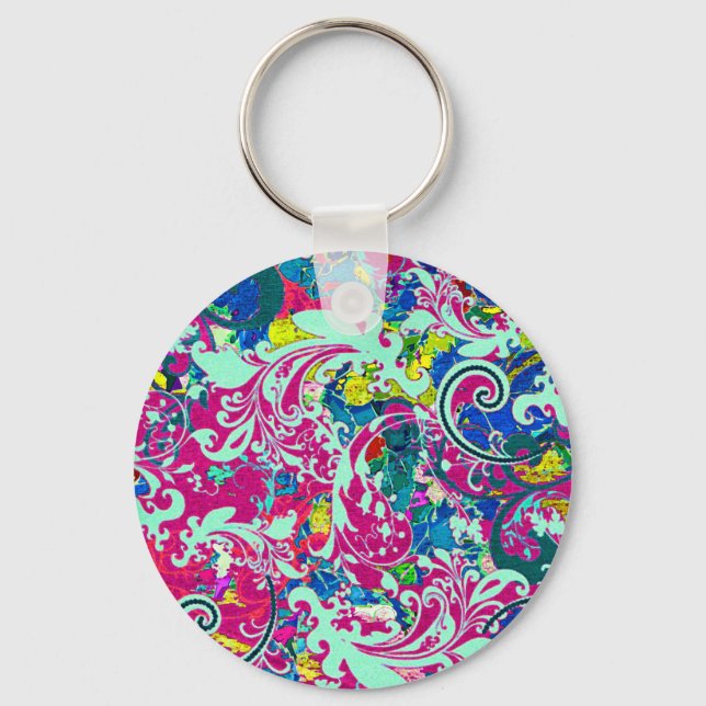 Vintage colourful abstract floral key ring (Front)