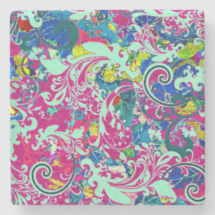 Vintage colourful abstract floral stone coaster
