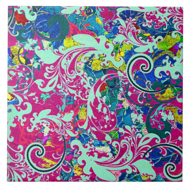 Vintage colourful abstract floral tile (Front)