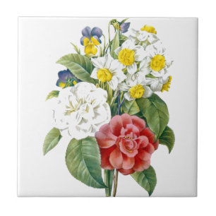 vintage colourful botanical flowers by Redoute. Tile