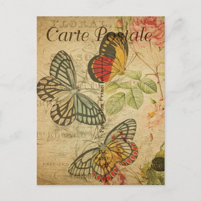 Vintage Colourful butterflies Floral Flowers Frenc Postcard (Front)