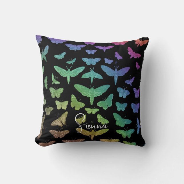 Vintage colourful butterflies moths insects black cushion (Front)
