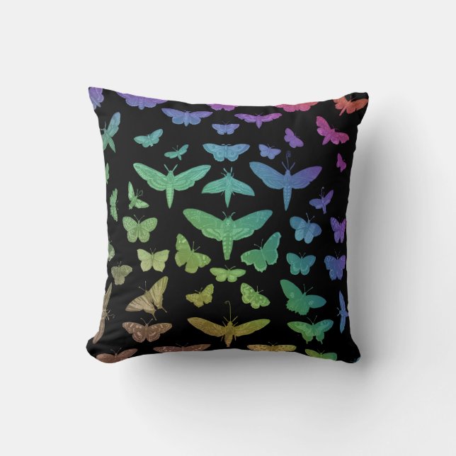 Vintage colourful butterflies moths insects black cushion (Front)