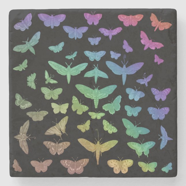 Vintage colourful butterflies moths insects black stone coaster (Front)