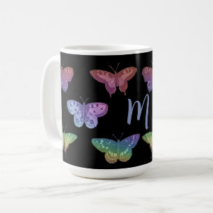 Vintage colourful butterflies moths monogram coffee mug