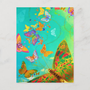 Vintage Colourful Butterfly Gold Glitter Watercolo Announcement Postcard