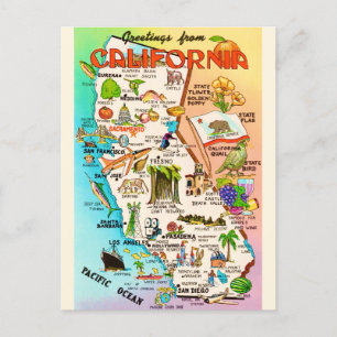 Vintage Colourful California Map  Postcard