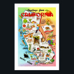 Vintage Colourful California Map Print<br><div class="desc">A vintage,  illustrated postcard map of the state of California wonderfully illustrated.</div>