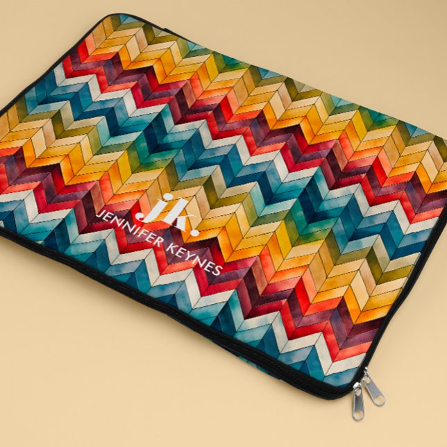 Vintage Colourful Chevron Monogram rainbow Laptop Sleeve (Retro vintage rainbow big bold monogram chevron pattern, Stylish monogrammed gift for girl)