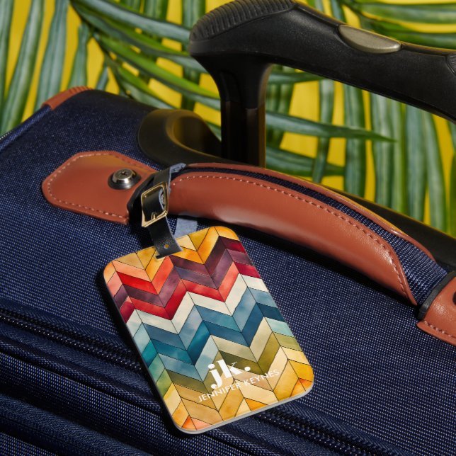 Vintage Colourful Chevron Monogram rainbow Luggage Tag (Front Insitu 1)