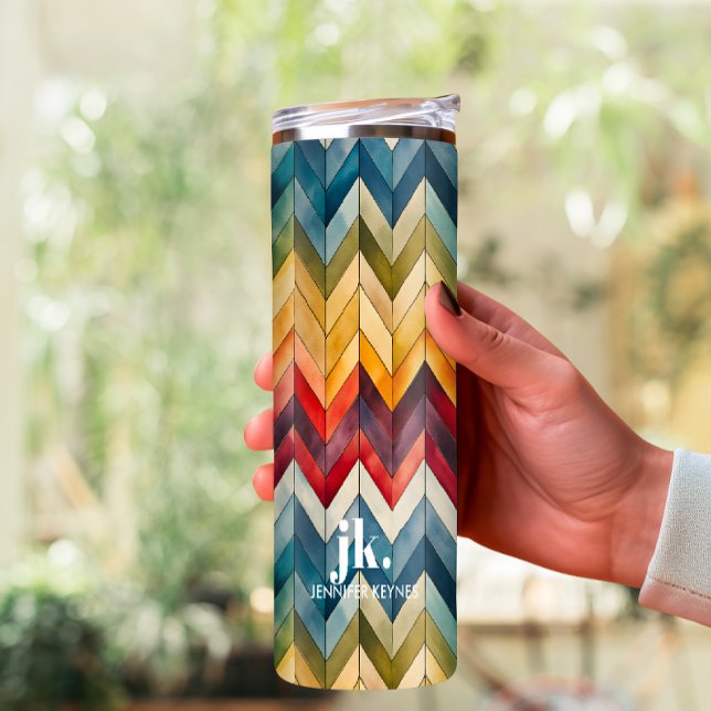 Vintage Colourful Chevron Monogram rainbow Thermal Tumbler (Monogram thermal tumbler with big bold initials and rainbow chevron pattern.)