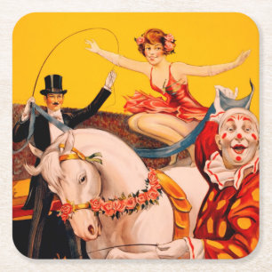 Vintage Colourful Circus Performer Poster Square Paper Coaster