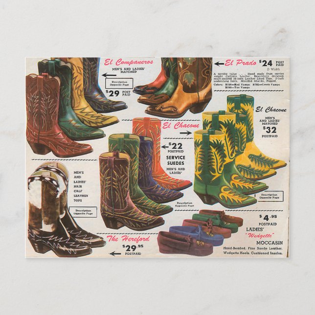 Vintage Colourful Cowboy Boots & Moccasins Postcard (Front)